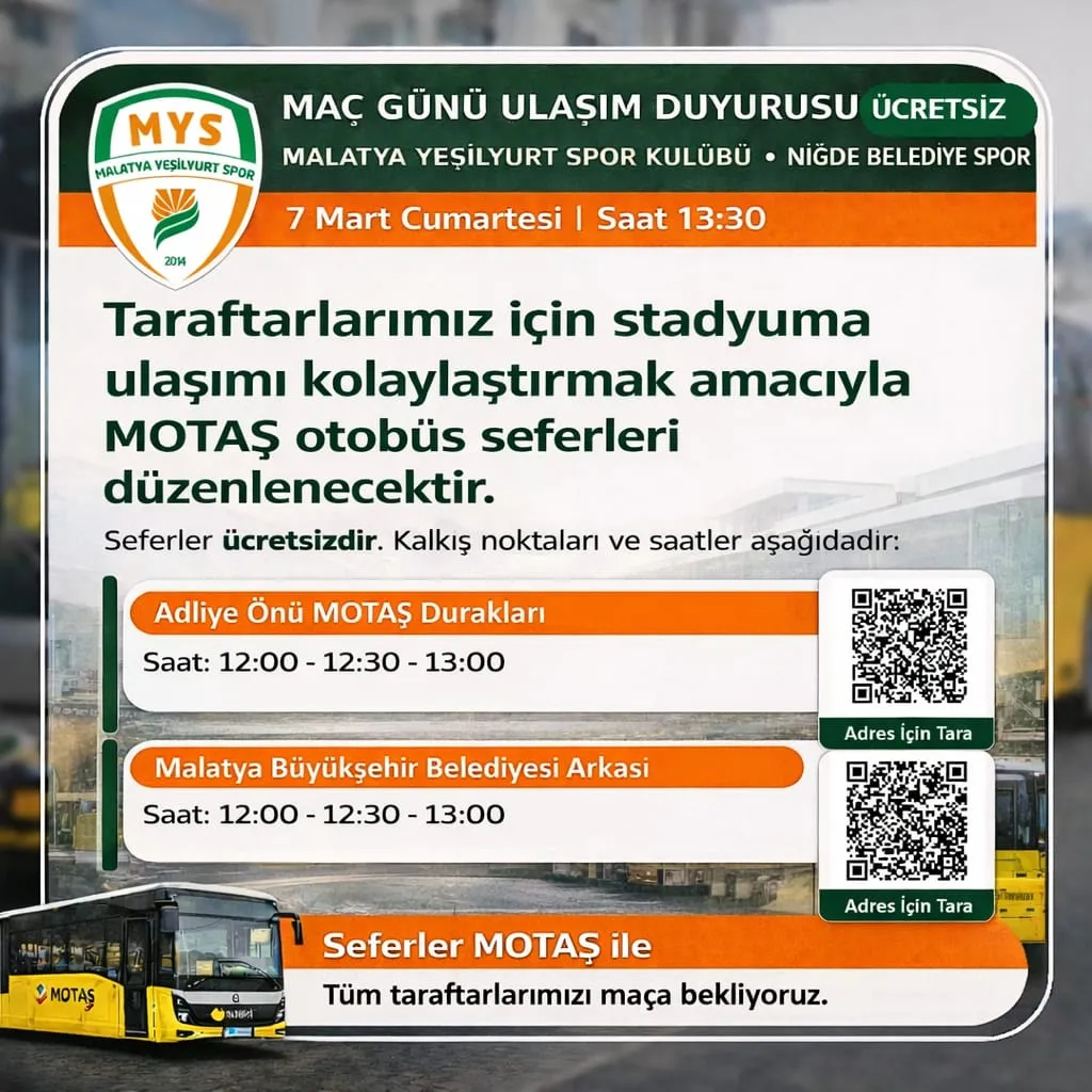 Malatya’da Niğde Belediye Spor Maçı Öncesi Taraftara Ücretsiz Otobüs Desteği
