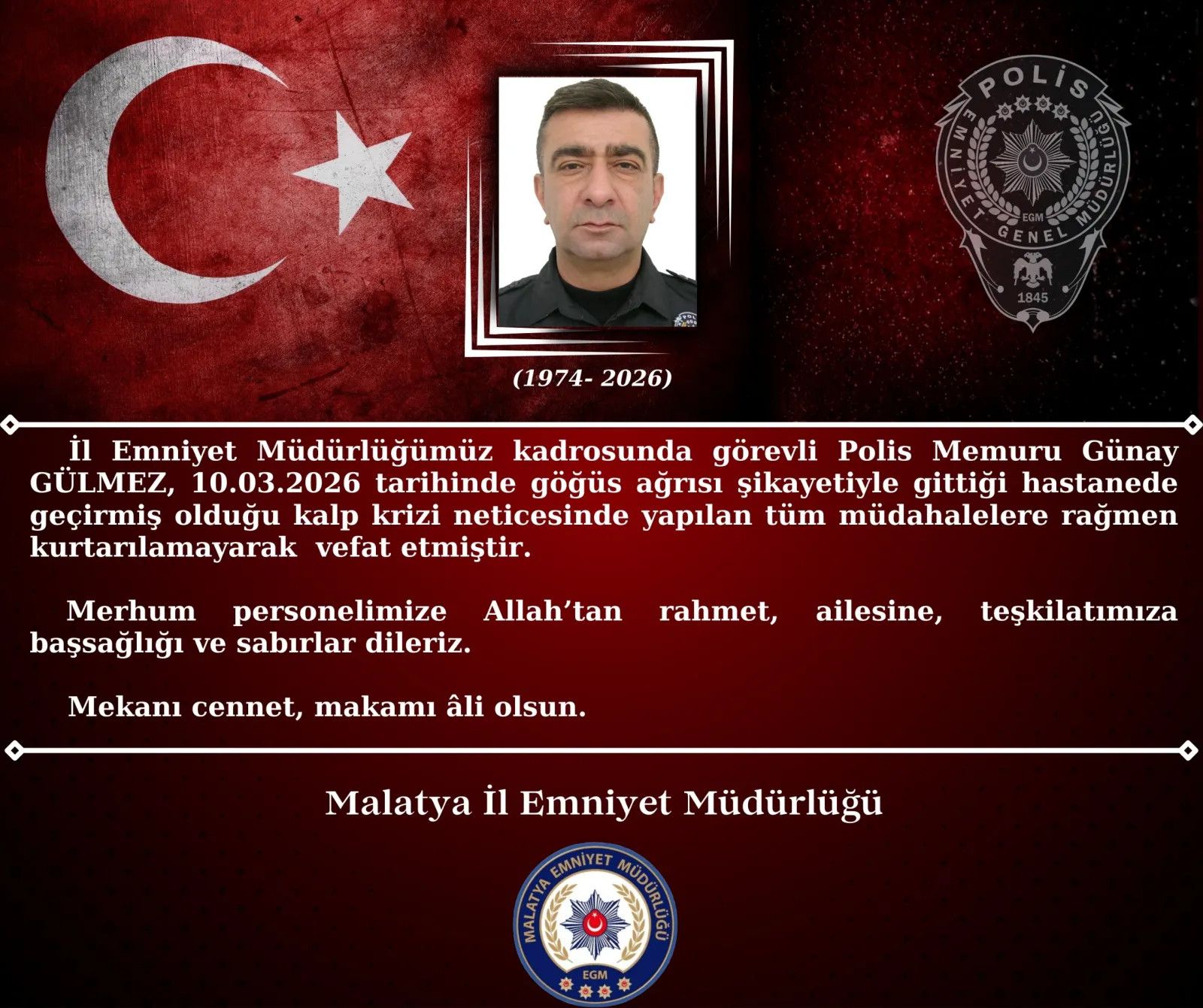 Malatya Emniyet Müdürlüğü Personeli Günay Gülmez Vefat Etti